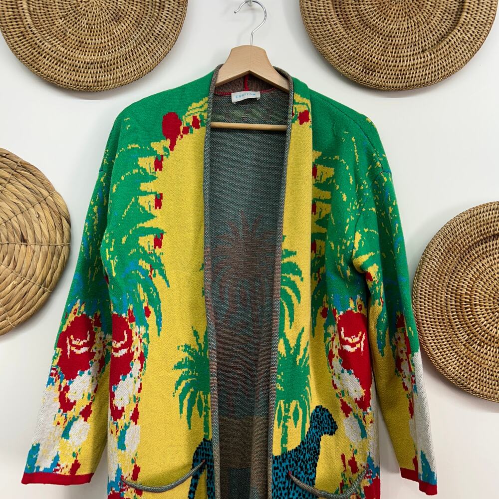 Essitam Colorful Long Length Knit Jacquard Cardigan Luna Blue Panther Medium - Picture 4 of 8